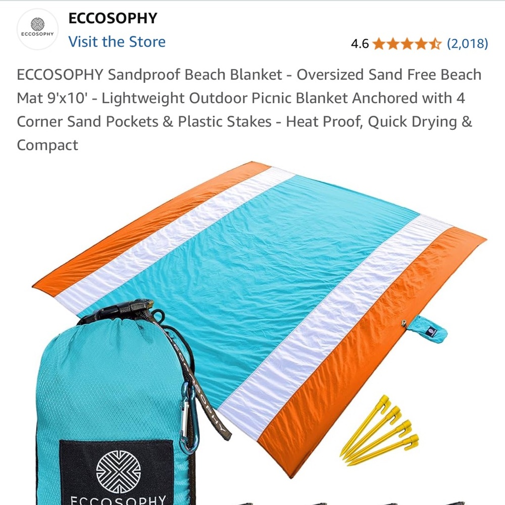 ECCOSOPHY Sandproof Beach Blanket - Turquoise and Orange